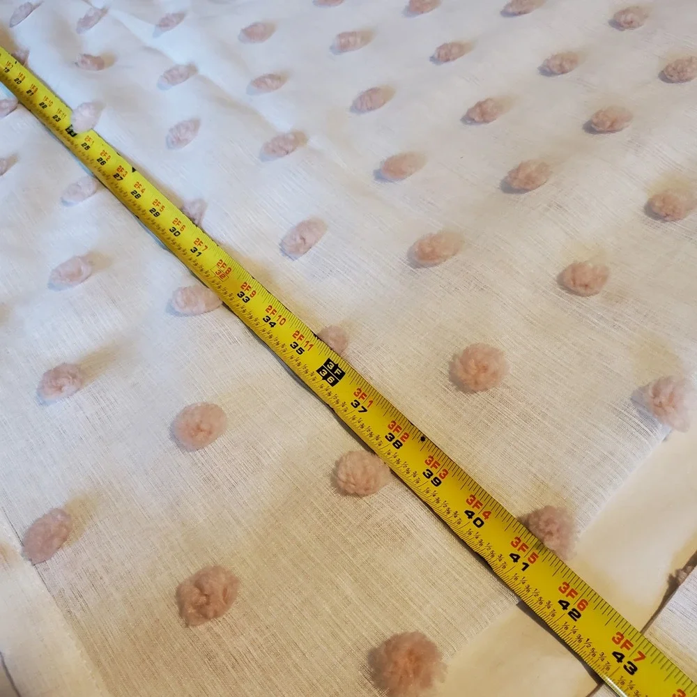 2 Piece Sheer White Valance Set with Blush Pink Tufted Pom Poms Rod Pocket